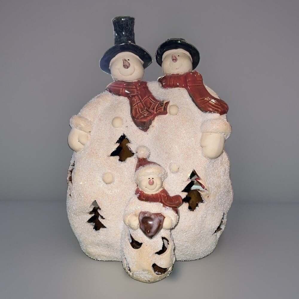 Y2K Ceramic Family Snowman Tea Light Holder 12 In Cutout Tree Moon Glitter Decor